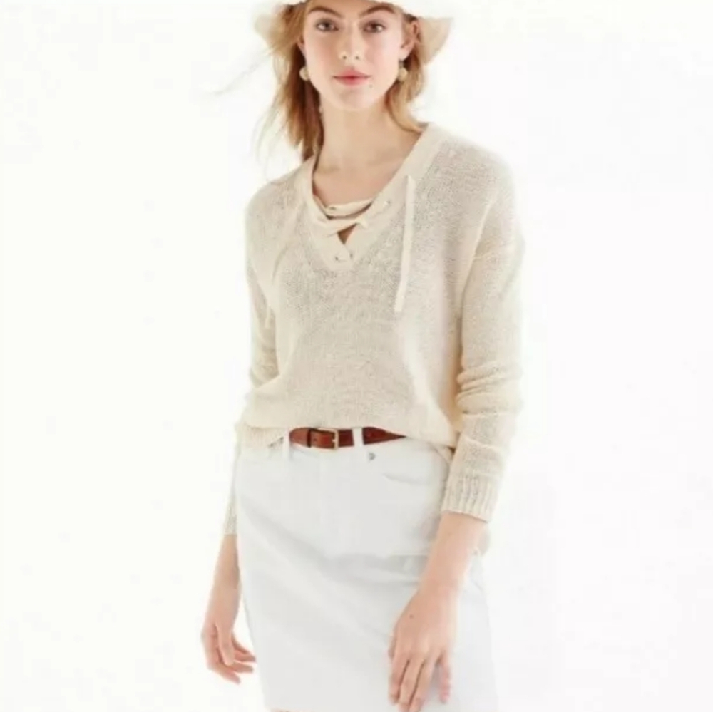 J.Crew Beach Open Knit Tie Up Linen Oversized Boho Coastal Sweater Size Medium